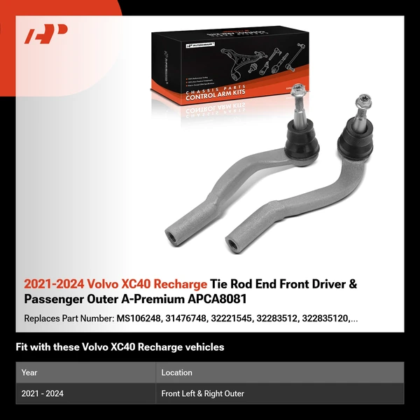 2021-2024 Volvo XC40 Recharge Tie Rod End Front Driver & Passenger Outer A-Premium APCA8081