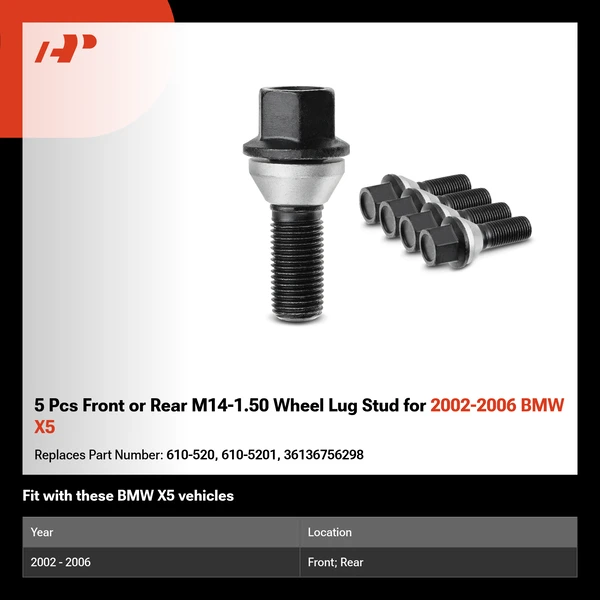 5 Pcs Front or Rear M14-1.50 Wheel Lug Stud for 2002-2006 BMW X5