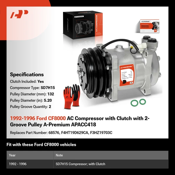 1992-1996 Ford CF8000 AC Compressor with Clutch with 2-Groove Pulley A-Premium APACC418
