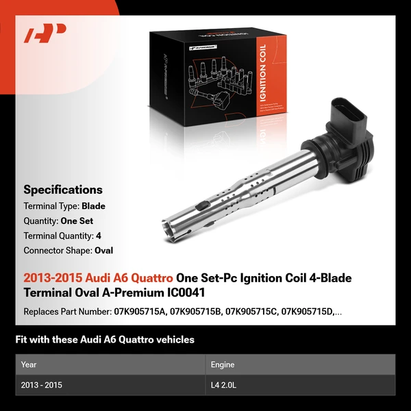 2013-2015 Audi A6 Quattro One Set-Pc Ignition Coil 4-Blade Terminal Oval A-Premium IC0041
