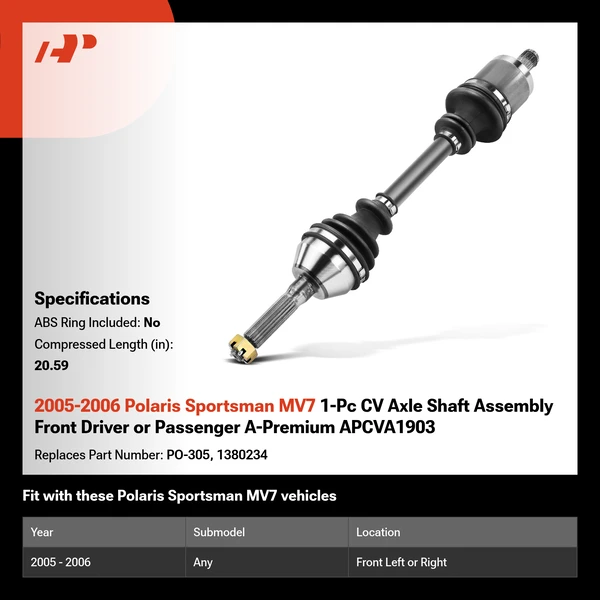 2005-2006 Polaris Sportsman MV7 1-Pc CV Axle Shaft Assembly Front Driver or Passenger A-Premium APCVA1903