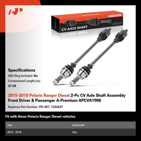 2015-2018 Polaris Ranger Diesel 2-Pc CV Axle Shaft Assembly Front Driver & Passenger A-Premium APCVA1906