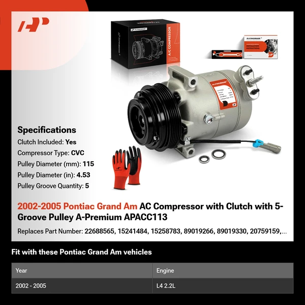 2002-2005 Pontiac Grand Am AC Compressor with Clutch with 5-Groove Pulley A-Premium APACC113