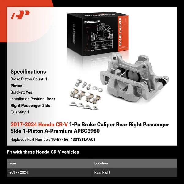 2017-2024 Honda CR-V 1-Pc Brake Caliper Rear Right Passenger Side 1-Piston A-Premium APBC3980
