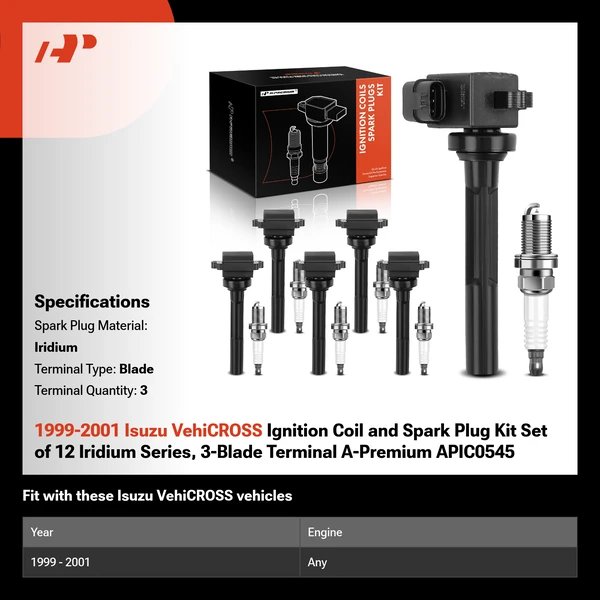 1999-2001 Isuzu VehiCROSS Ignition Coil and Spark Plug Kit Set of 12 Iridium Series, 3-Blade Terminal A-Premium APIC0545