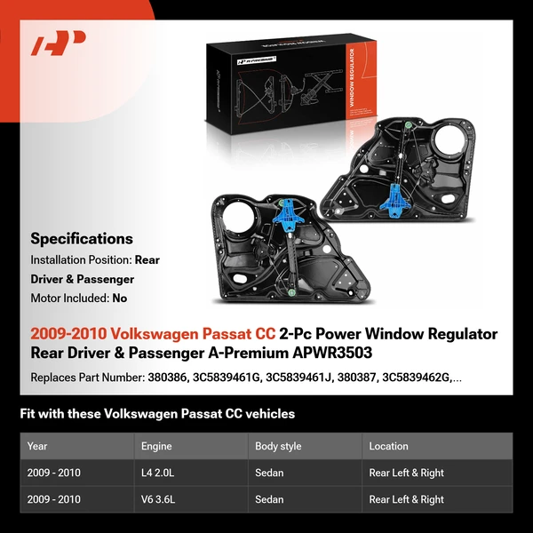 2009-2010 Volkswagen Passat CC 2-Pc Power Window Regulator Rear Driver & Passenger A-Premium APWR3503