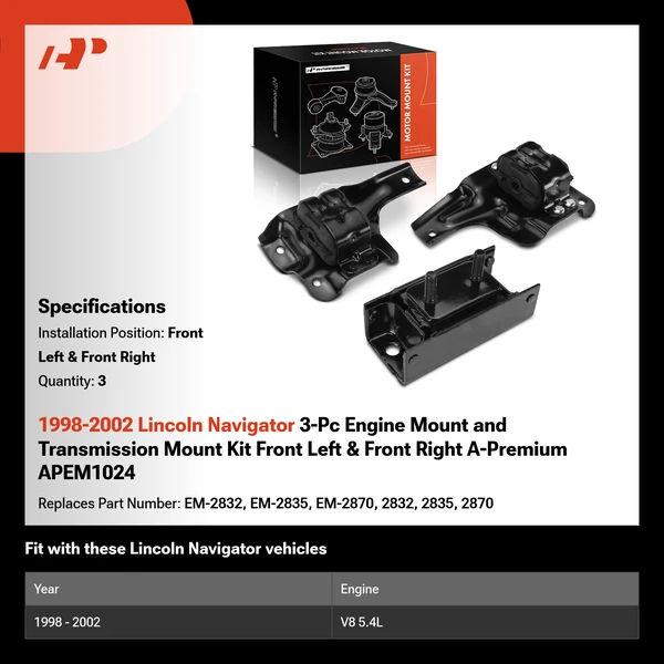 1998-2002 Lincoln Navigator 3-Pc Engine Mount and Transmission Mount Kit Front Left & Front Right A-Premium APEM1024