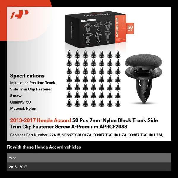 2013-2017 Honda Accord 50 Pcs 7mm Nylon Black Trunk Side Trim Clip Fastener Screw A-Premium APRCF2083