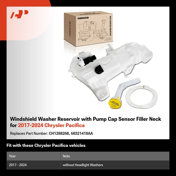 Windshield Washer Reservoir with Pump Cap Sensor Filler Neck for 2017-2024 Chrysler Pacifica