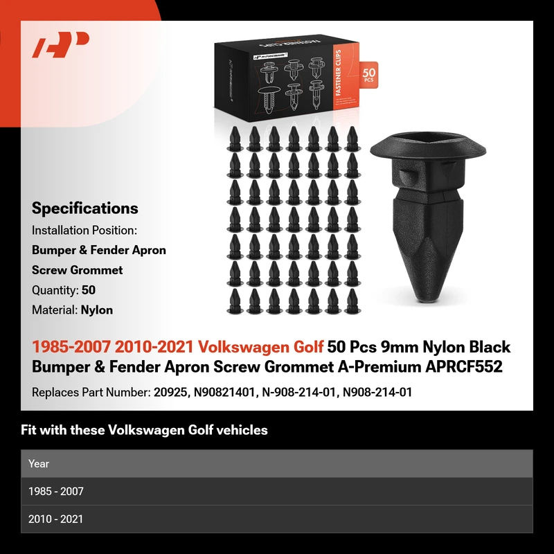 1985-2007 2010-2021 Volkswagen Golf 50 Pcs 9mm Nylon Black Bumper & Fender Apron Screw Grommet A-Premium APRCF552