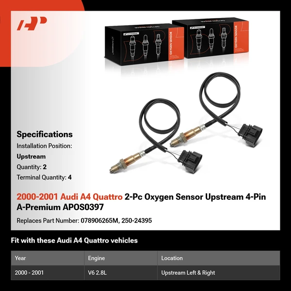 2000-2001 Audi A4 Quattro 2-Pc Oxygen Sensor Upstream 4-Pin A-Premium APOS0397