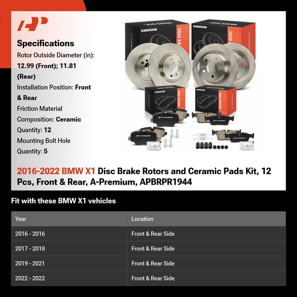 2016-2022 BMW X1 Disc Brake Rotors and Ceramic Pads Kit, 12 Pcs, Front & Rear, A-Premium, APBRPR1944