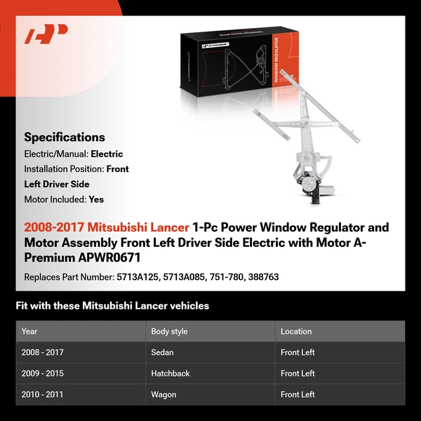 2008-2017 Mitsubishi Lancer 1-Pc Power Window Regulator and Motor Assembly Front Left Driver Side Electric with Motor A-Premium APWR0671
