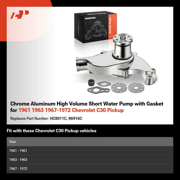 Chrome Aluminum High Volume Short Water Pump with Gasket for 1961 1963 1967-1972 Chevrolet C30 Pickup