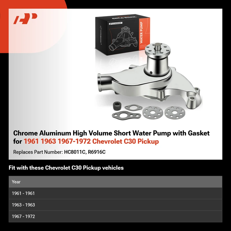 Chrome Aluminum High Volume Short Water Pump with Gasket for 1961 1963 1967-1972 Chevrolet C30 Pickup