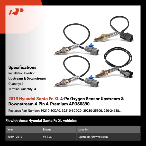 2019 Hyundai Santa Fe XL 4-Pc Oxygen Sensor Upstream & Downstream 4-Pin A-Premium APOS0890