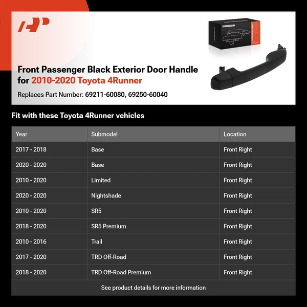 Front Passenger Black Exterior Door Handle for 2010-2020 Toyota 4Runner
