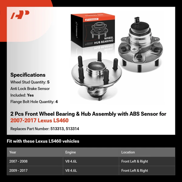 2 Pcs Front Wheel Bearing & Hub Assembly with ABS Sensor for 2007-2017 Lexus LS460