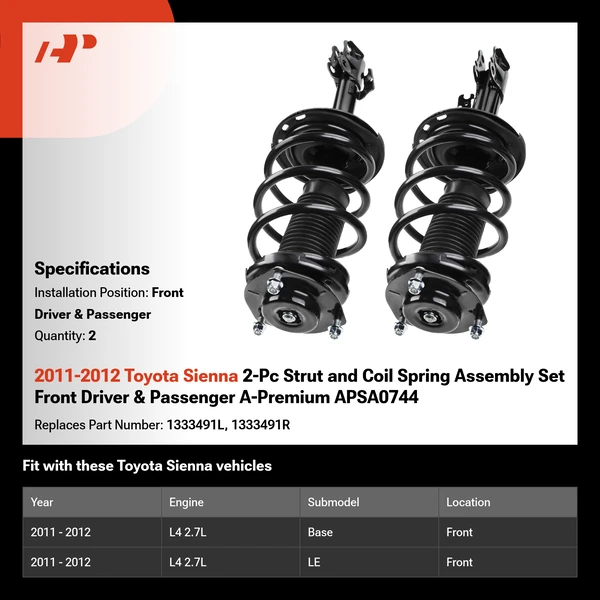 2011-2012 Toyota Sienna 2-Pc Strut and Coil Spring Assembly Set Front Driver & Passenger A-Premium APSA0744