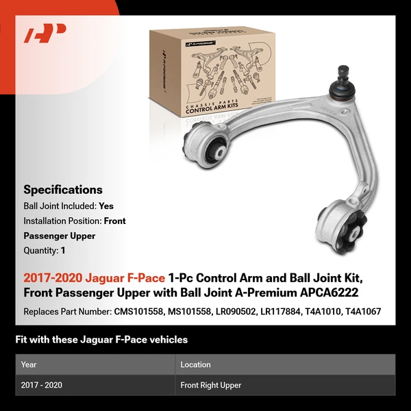2017-2020 Jaguar F-Pace 1-Pc Control Arm and Ball Joint Kit, Front Passenger Upper with Ball Joint A-Premium APCA6222