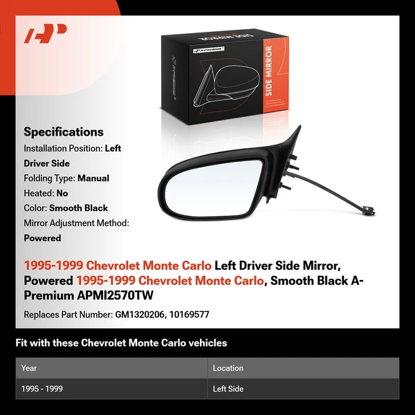 1995-1999 Chevrolet Monte Carlo Left Driver Side Mirror, Powered 1995-1999 Chevrolet Monte Carlo, Smooth Black A-Premium APMI2570TW