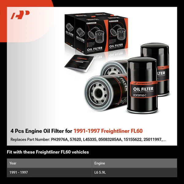 4 Pcs Engine Oil Filter for 1991-1997 Freightliner FL60