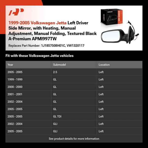 1999-2005 Volkswagen Jetta Left Driver Side Mirror, with Heating, Manual Adjustment, Manual Folding, Textured Black A-Premium APMI997TW