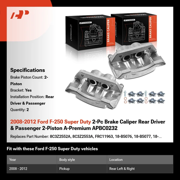 2008-2012 Ford F-250 Super Duty 2-Pc Brake Caliper Rear Driver & Passenger 2-Piston A-Premium APBC0232