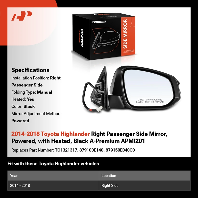2014-2018 Toyota Highlander Right Passenger Side Mirror, Powered, with Heated, Black A-Premium APMI201