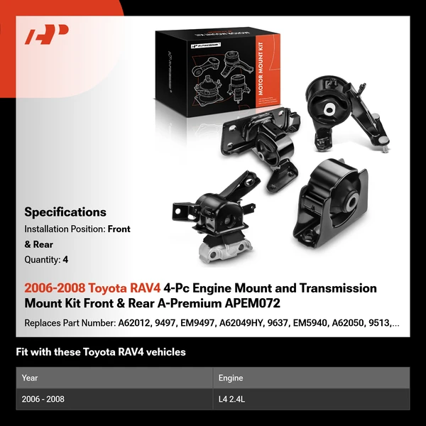 2006-2008 Toyota RAV4 4-Pc Engine Mount and Transmission Mount Kit Front & Rear A-Premium APEM072