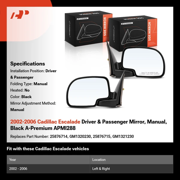 2002-2006 Cadillac Escalade Driver & Passenger Mirror, Manual, Black A-Premium APMI288
