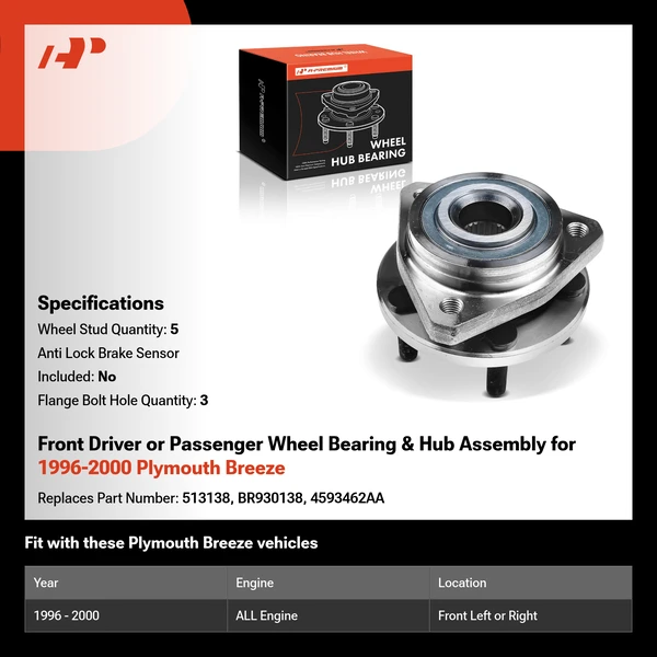 Front Driver or Passenger Wheel Bearing & Hub Assembly for 1996-2000 Plymouth Breeze