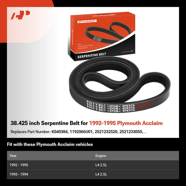 38.425 inch Serpentine Belt for 1992-1995 Plymouth Acclaim