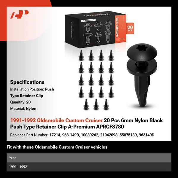 1991-1992 Oldsmobile Custom Cruiser 20 Pcs 6mm Nylon Black Push Type Retainer Clip A-Premium APRCF3780