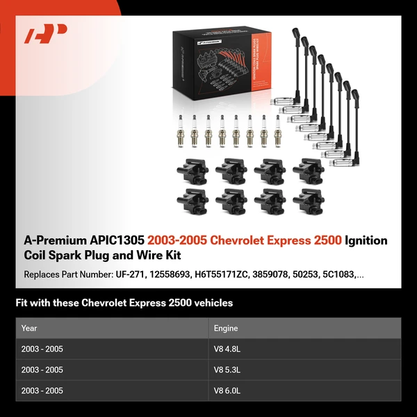 A-Premium APIC1305 2003-2005 Chevrolet Express 2500 Ignition Coil Spark Plug and Wire Kit