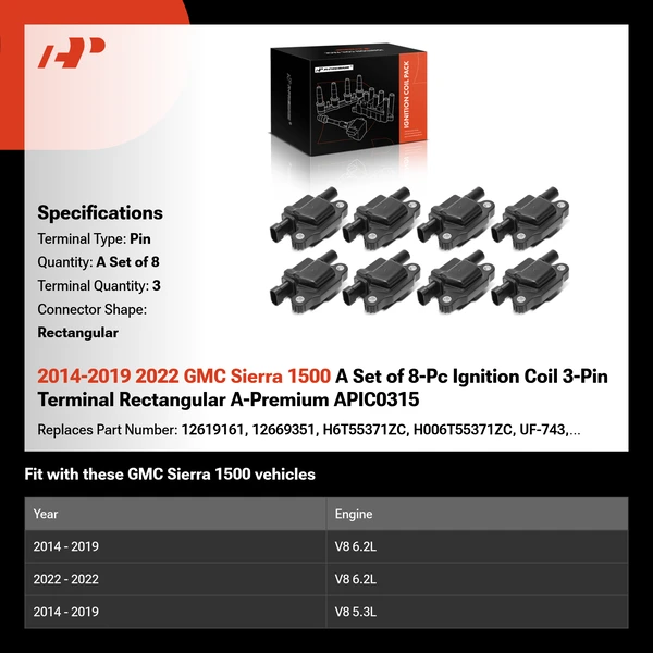 2014-2019 2022 GMC Sierra 1500 A Set of 8-Pc Ignition Coil 3-Pin Terminal Rectangular A-Premium APIC0315