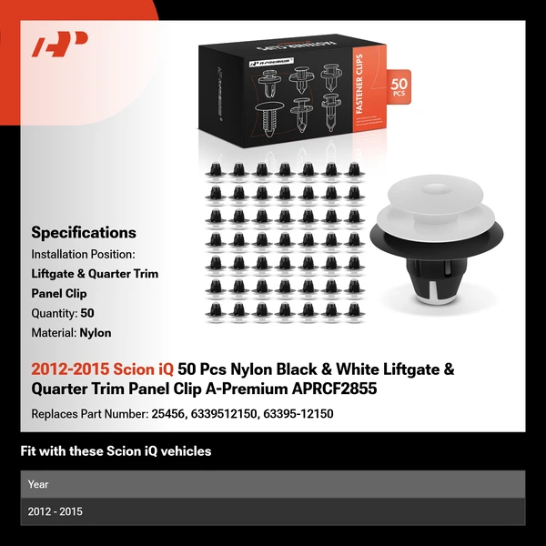 2012-2015 Scion iQ 50 Pcs Nylon Black & White Liftgate & Quarter Trim Panel Clip A-Premium APRCF2855