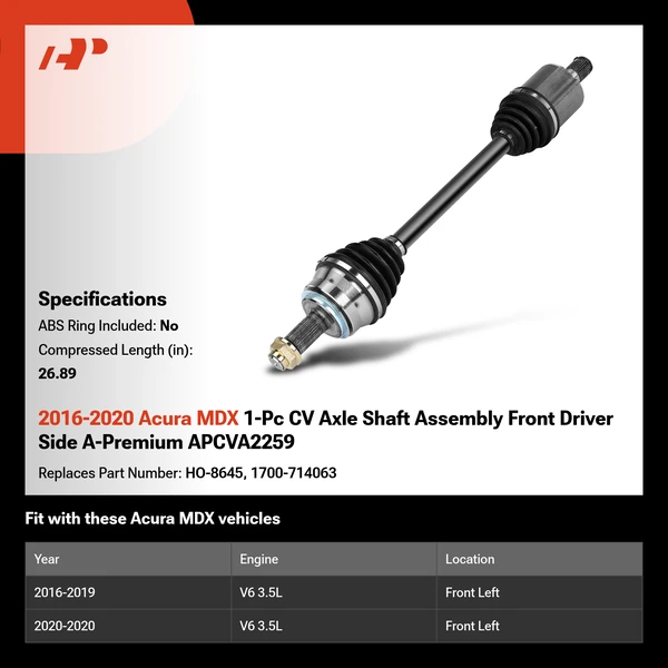 2016-2020 Acura MDX 1-Pc CV Axle Shaft Assembly Front Driver Side A-Premium APCVA2259