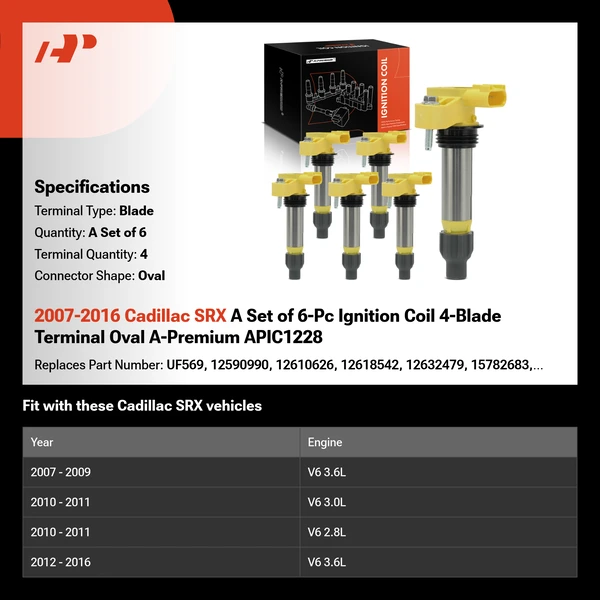 2007-2016 Cadillac SRX A Set of 6-Pc Ignition Coil 4-Blade Terminal Oval A-Premium APIC1228