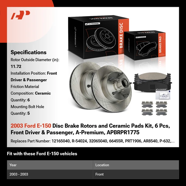 2003 Ford E-150 Disc Brake Rotors and Ceramic Pads Kit, 6 Pcs, Front Driver & Passenger, A-Premium, APBRPR1775