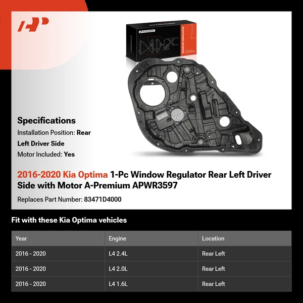 2016-2020 Kia Optima 1-Pc Window Regulator Rear Left Driver Side with Motor A-Premium APWR3597