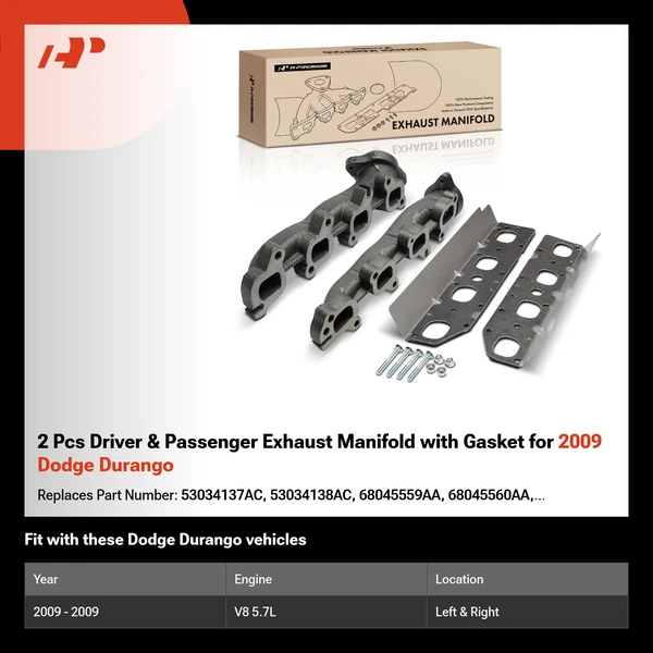 2 Pcs Driver & Passenger Exhaust Manifold with Gasket for 2009 Dodge Durango