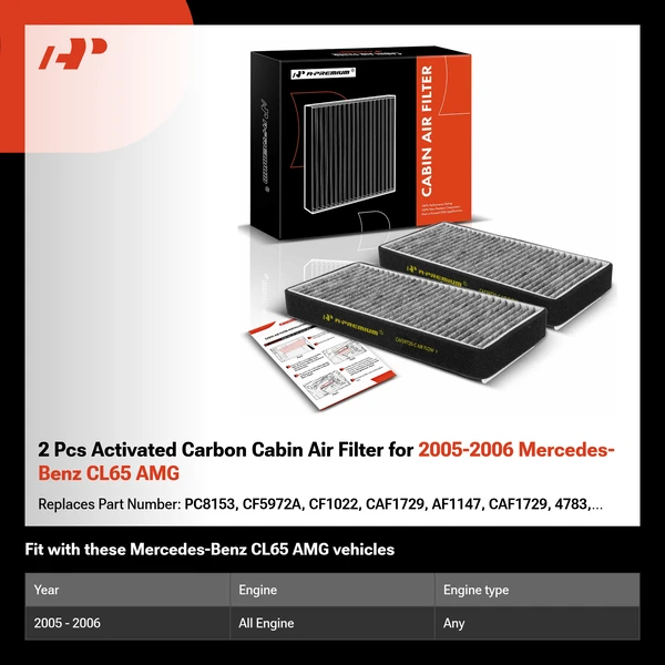 2 Pcs Activated Carbon Cabin Air Filter for 2005-2006 Mercedes-Benz CL65 AMG