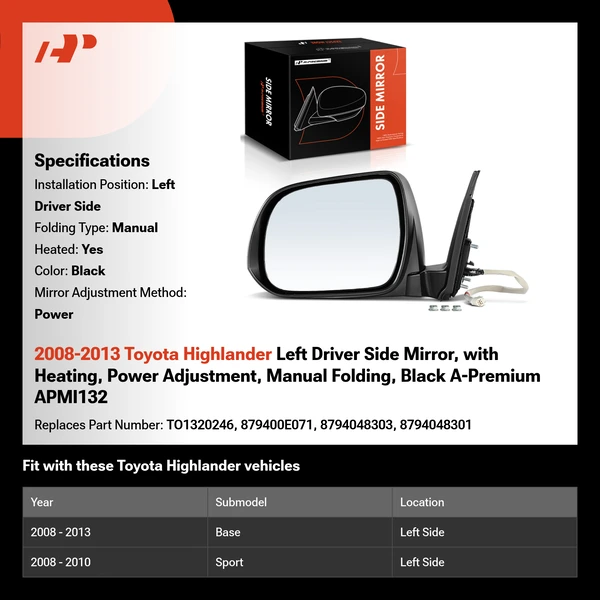 2008-2013 Toyota Highlander Left Driver Side Mirror, with Heating, Power Adjustment, Manual Folding, Black A-Premium APMI132