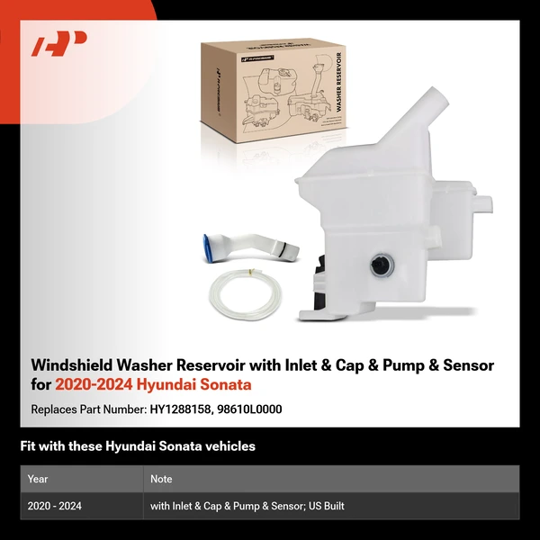 Windshield Washer Reservoir with Inlet & Cap & Pump & Sensor for 2020-2024 Hyundai Sonata
