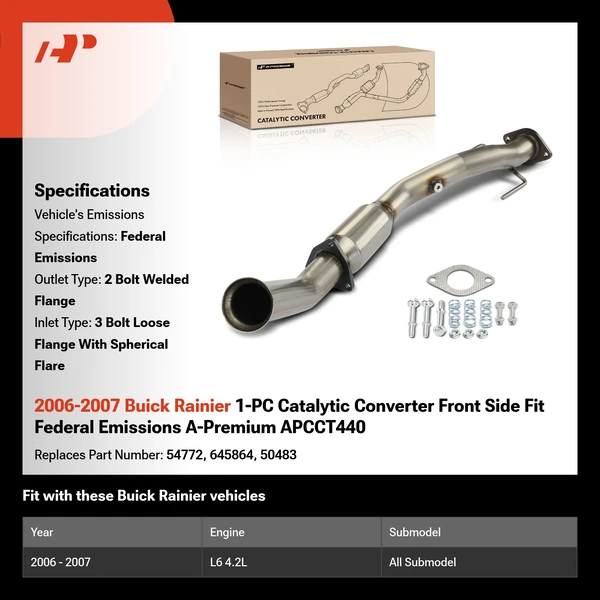 2006-2007 Buick Rainier 1-PC Catalytic Converter Front Side Fit Federal Emissions A-Premium APCCT440