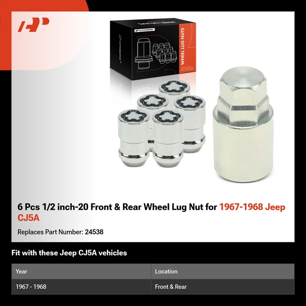 6 Pcs 1/2 inch-20 Front & Rear Wheel Lug Nut for 1967-1968 Jeep CJ5A