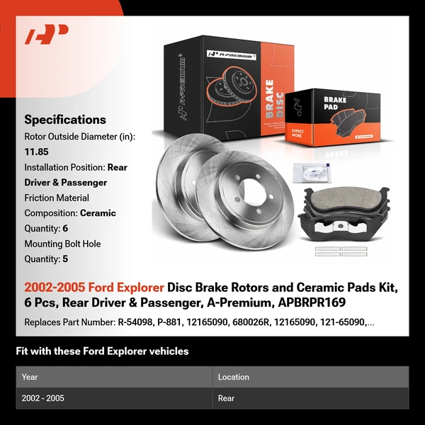 2002-2005 Ford Explorer Disc Brake Rotors and Ceramic Pads Kit, 6 Pcs, Rear Driver & Passenger, A-Premium, APBRPR169