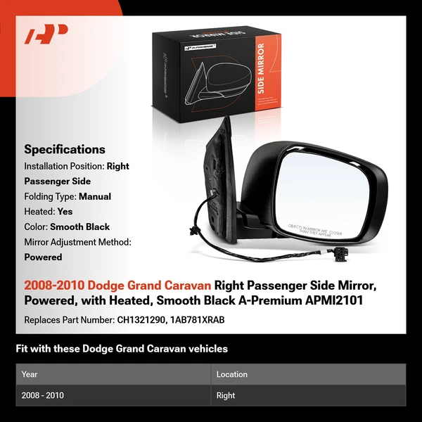 2008-2010 Dodge Grand Caravan Right Passenger Side Mirror, Powered, with Heated, Smooth Black A-Premium APMI2101