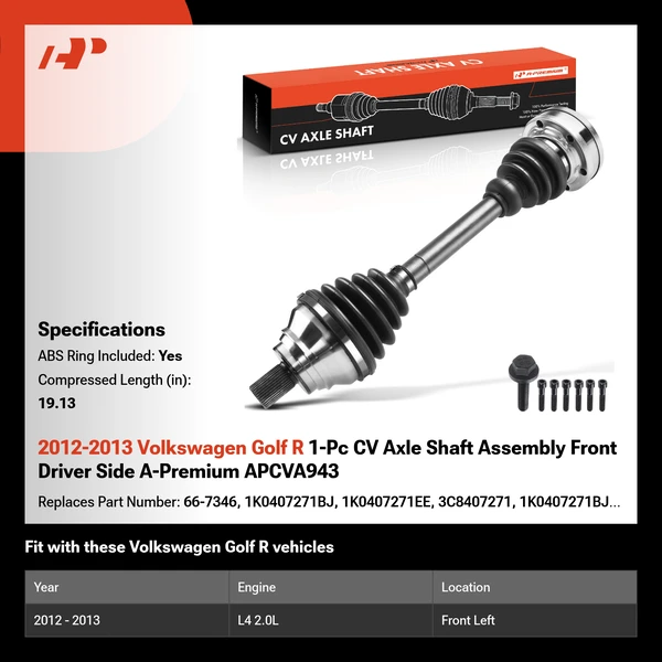 2012-2013 Volkswagen Golf R 1-Pc CV Axle Shaft Assembly Front Driver Side A-Premium APCVA943